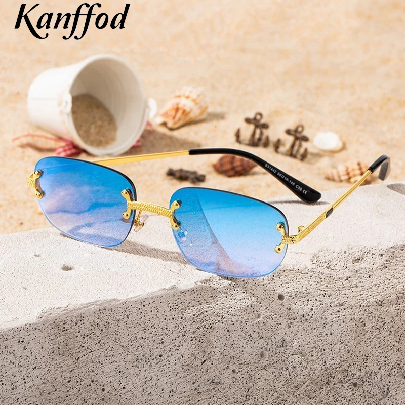 

Kanffod Rectangle Blue Sunglasses Frameless Rimless Men 2021 High Quality Square Metal Sun Glasses Women Mirror Sea Summar Style