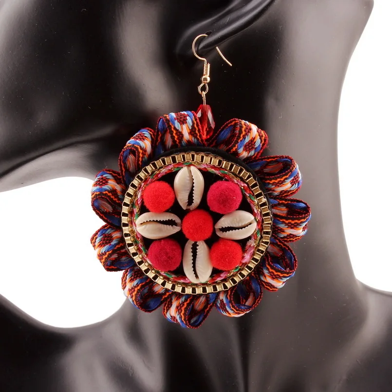 Florosy Круглый Кулон Чешский этническом pom Висячие серьги для Для женщин ручной