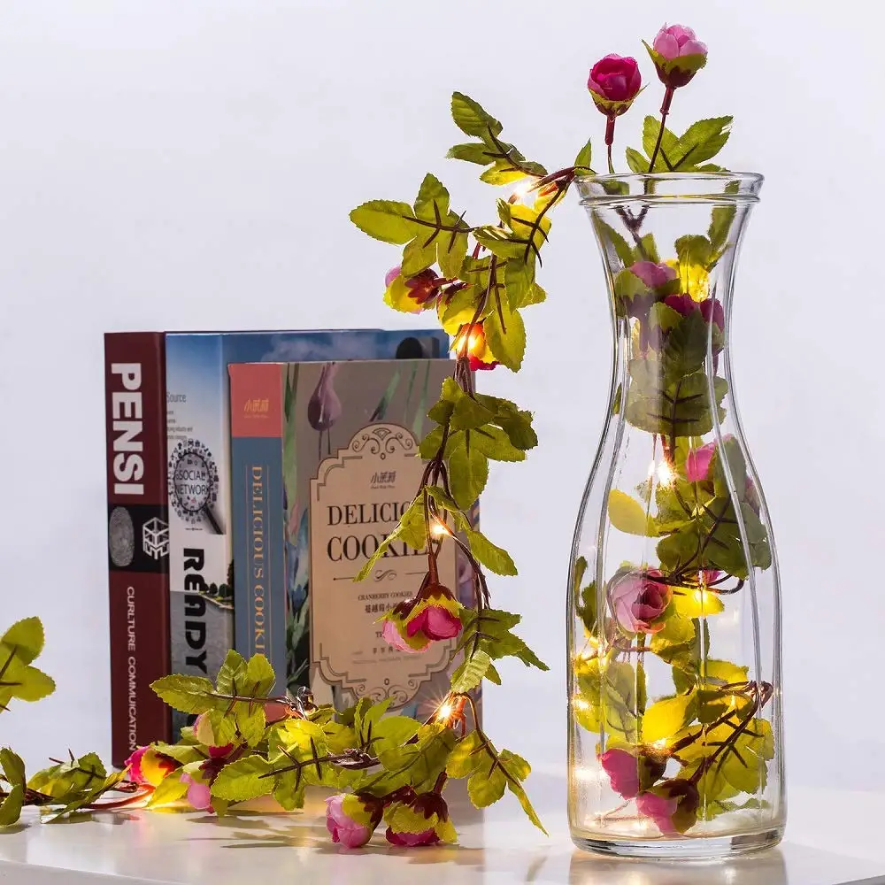 

2/5/10M LED Rose flower Leaves Copper wire string light Artificial Rose Vine Garland for christmas wedding party decoration