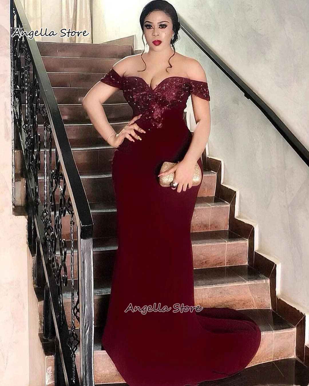 

Elegant Burgundy Long Mermaid Formal Evening Dresses 2021 Sexy Off Shoulder Open Back Lace Beads Celebrity Party Gowns Reception