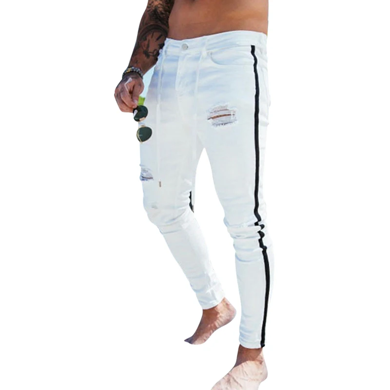 Men Skinny Jeans Biker Destroyed Frayed Fit Denim Ripped Pants Side Stripe Pencil Streetwear | Мужская одежда