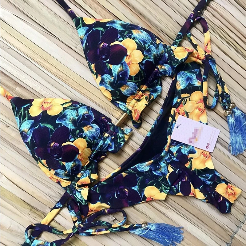 

Printed Swimsuit Women's Sexy Party Floral Print Strappy Bikini Push Up Swimwear Bathing Suits Woman 2020 String Bikini
