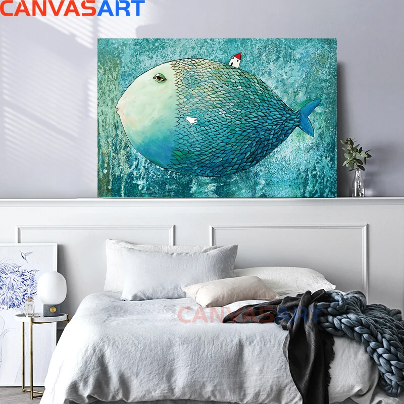 Холст искусство 5 шт. HD картины маленький домик на большой рыбе настенные для