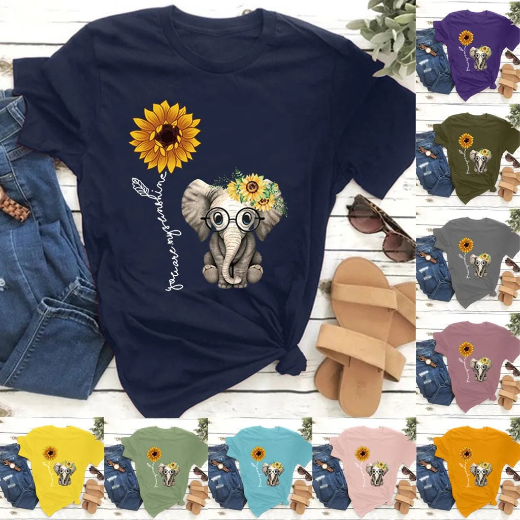 

Elephant Sunflower Print Tshirt Women Casual Short Sleeve O Neck Tee Tops For Female Loose Cartoon Cute T-shirts #T1G