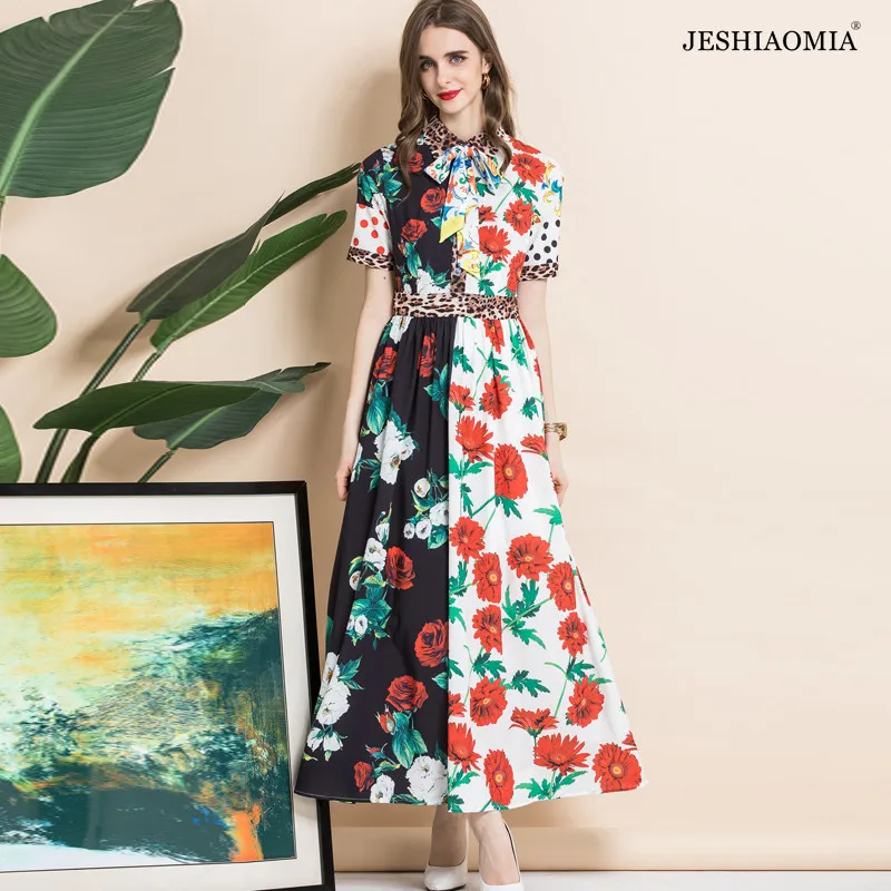 

Летнее платье Макси JESHIAOMIA с цветочным принтом и короткими рукавами и поясом, 2021