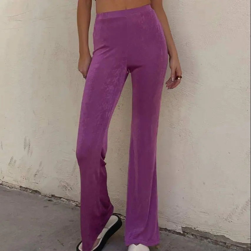 

KRSB Spring Autumn Women Purple Shiny Suede Elastic Fabric Elastic Waist Loose Straight Chic Trousers Za Casual Street Style