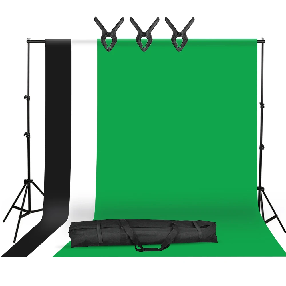 

Studio Photography Backdrop Kit 2*3m/6.6*10ft Metal Stand Bracket+3pcs Backdround(Black/White/Green)+3*Backdrop Clamp+Carry Bag