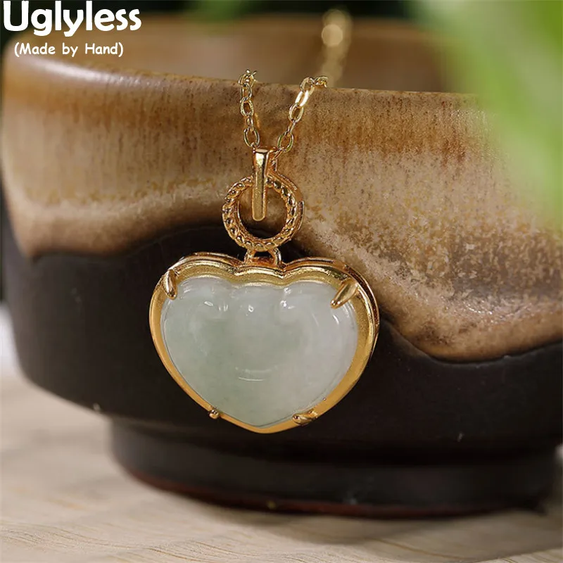

Uglyless Retro Eastern Beauty RUYI Heart Pendants for Women Nature Jadeite Gemstone Necklaces NO Chain 925 Silver Jewelry Ethnic