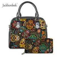 jackherelook sugar skull pattern female casual tote messenger bag 2pcsset pu top handle bag with clutch money bag bolsos mujer