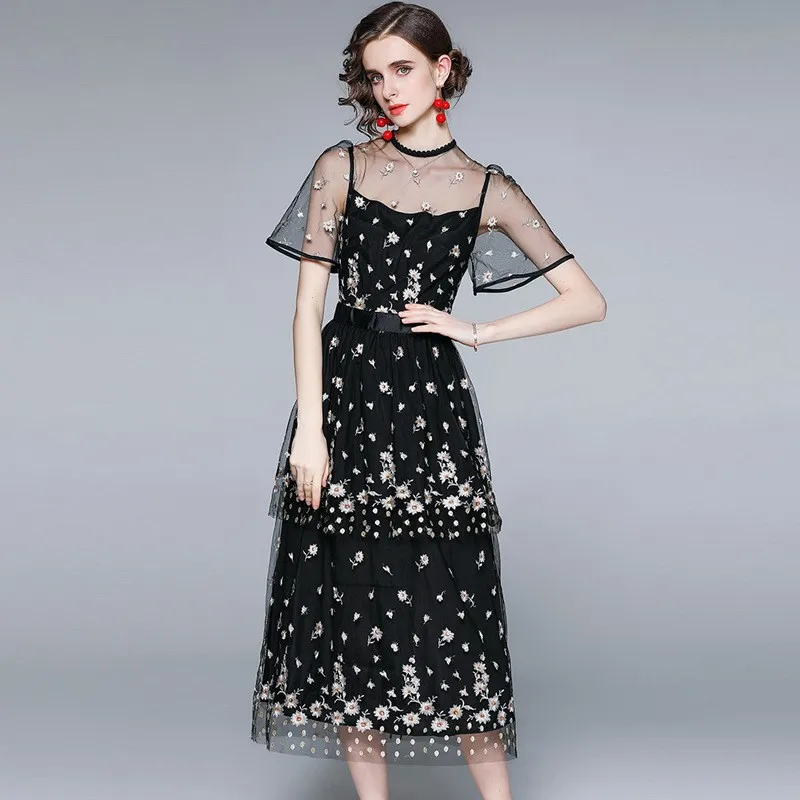 

JSXDHK Elegant Designer Summer Mesh Dress Fashion Women Floral Embroidery Ruffles Short Sleeve Black Tulle Vacation Long Dresses