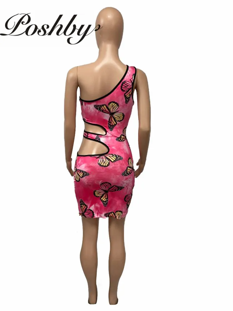 

Poshby Summer Women Butterfly Print Bodycon Mini Dress Sexy Asymmetric Cut Out One Shoulder Clothing 2021 Fashion Clubwear