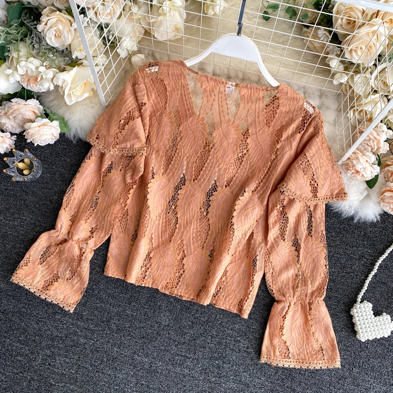 

Spring Autumn Women's Tops Korean Style Perspective Hollow Lace V-neck Blouse New Trumpet Sleeve All-match Female Tops LL349