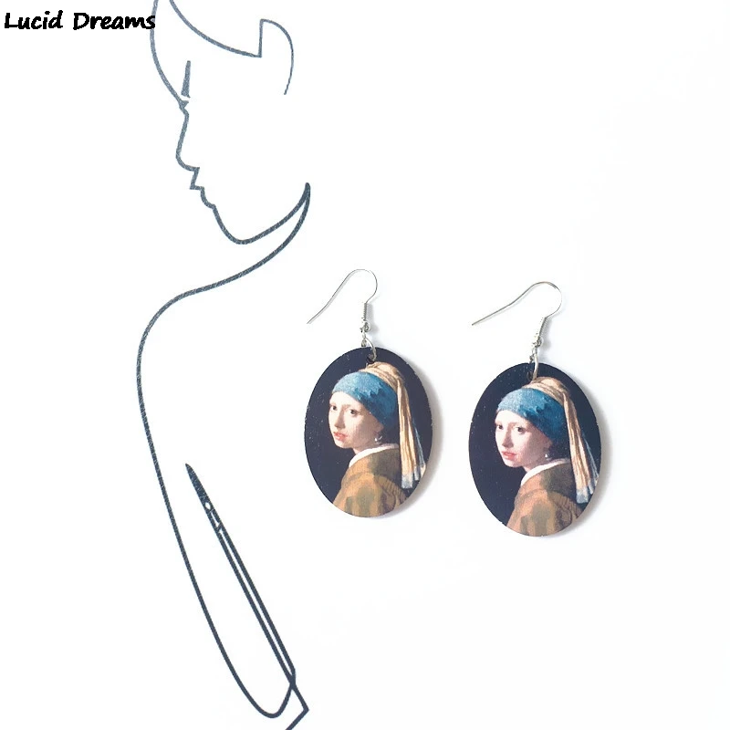 Retro Oil Painting Art Van Gogh Starry Night Mona Lisa Drop Earrings Vermee Women Wood Vintage Earrings Fashion Jewelry Bijoux - Окраска металла: 2