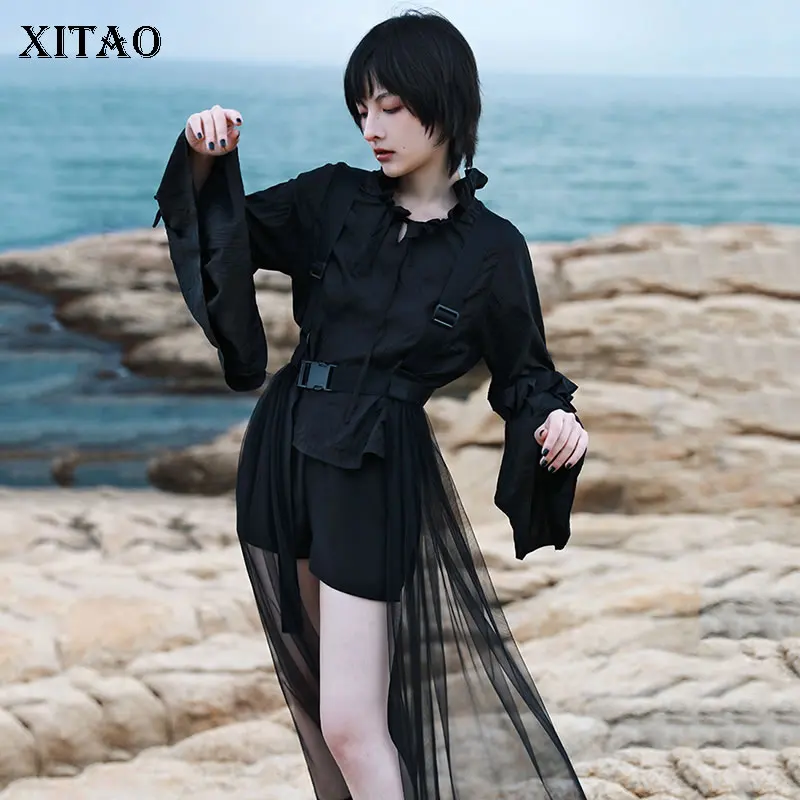 

XITAO/блузка с оборками; Черная Модная рубашка с длинными рукавами в повседневном стиле; Свободная рубашка с одной грудью; WMD2063
