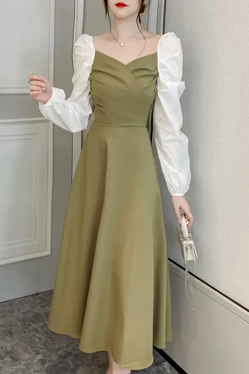 

Malai Fashion Patchwork One-Piece Dresses Korean New Spring Full Sleeve Dresses Green Black Dresses For Women Party Classy