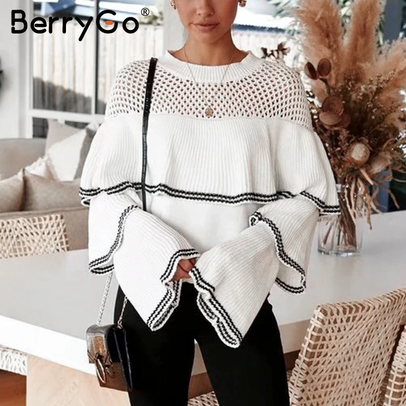 BerryGo Elegant hollow out women sweater Ruffles striped loose female pullover jumper Soft autumn winter ladies knitted sweaters | Женская
