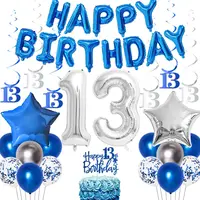 13th Birthday Decorations Blue for Boys Girls Birthday Party Supplies Happy Birthday Balloon Banner Cake Topper Hanging Swirls