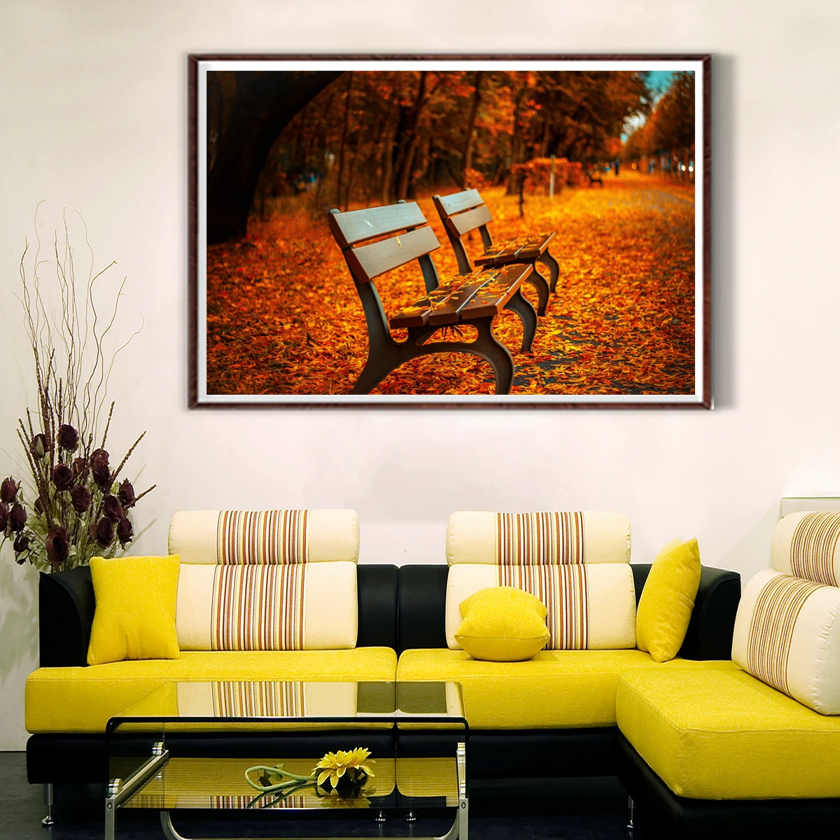 Осенний парк скамейка Пейзаж Плакат Печать на холсте картина настенное