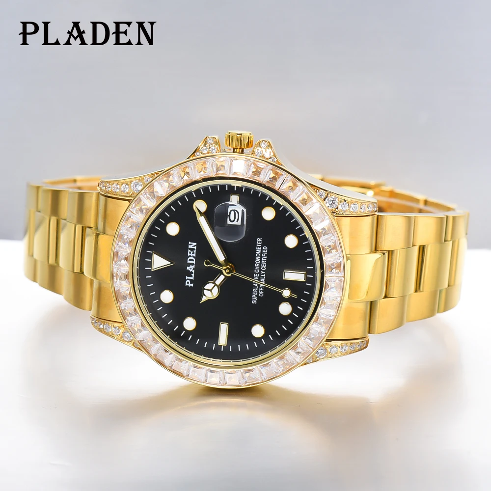 

PLADEN Sapphire Glass reloj hombre Novelty Diamond Bezel Automatic Date Quartz Watches Specials 18k Gold Stainless Steel Watch