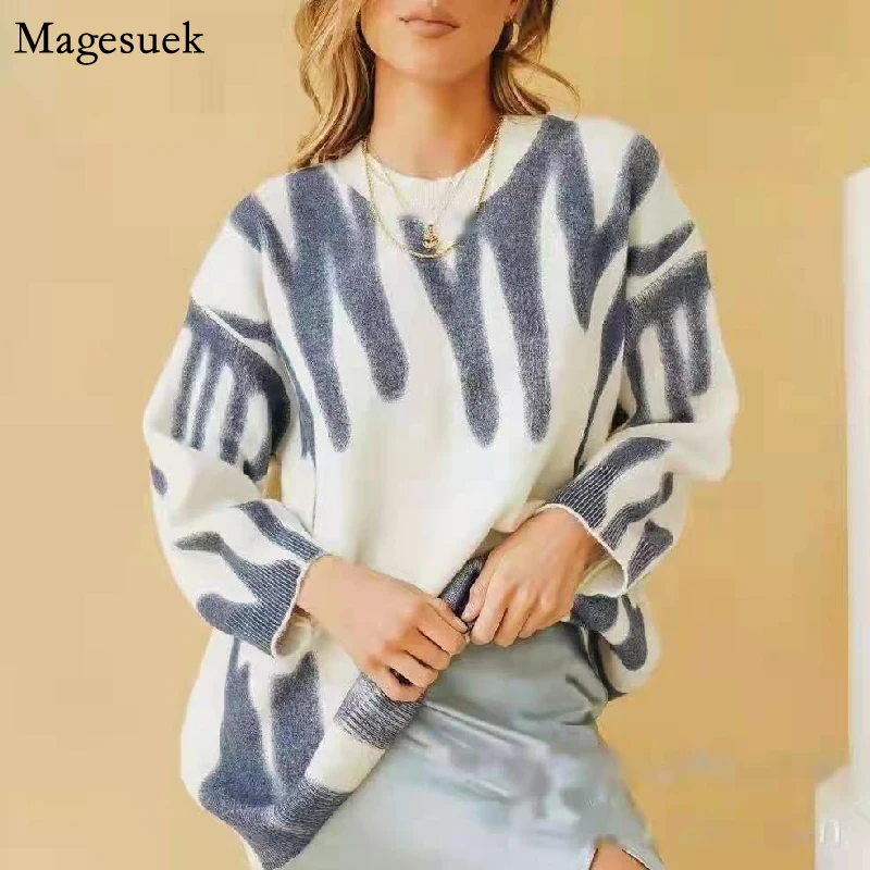 

Женский свободный пуловер с круглым вырезом, теплый Длинный Свитер оверсайз с принтом в зеленую полоску, уличная одежда для осени и зимы, 17178