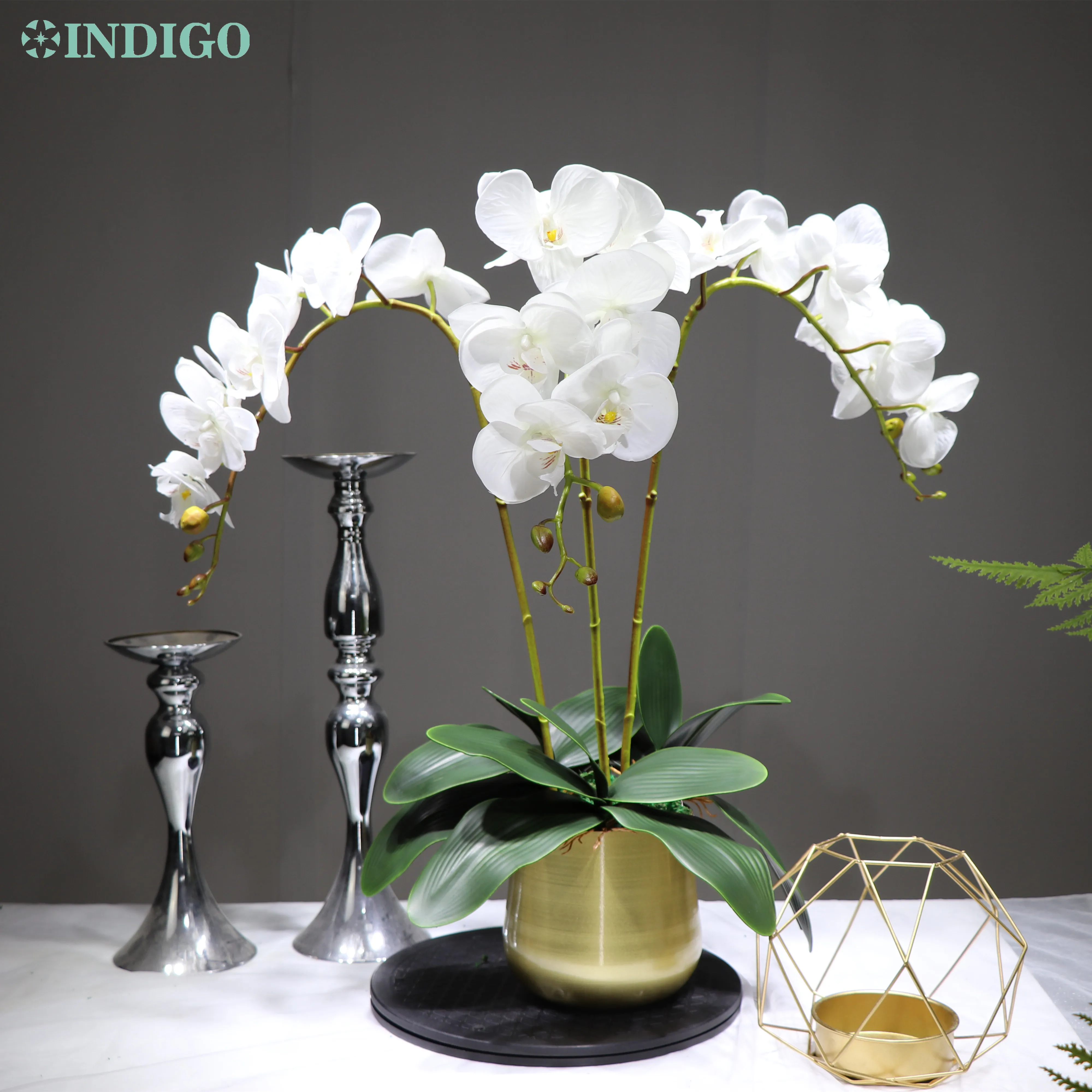Орхидея 90 см (3 орхидеи + 3 листа Металлический горшок) реалистичный цветок на