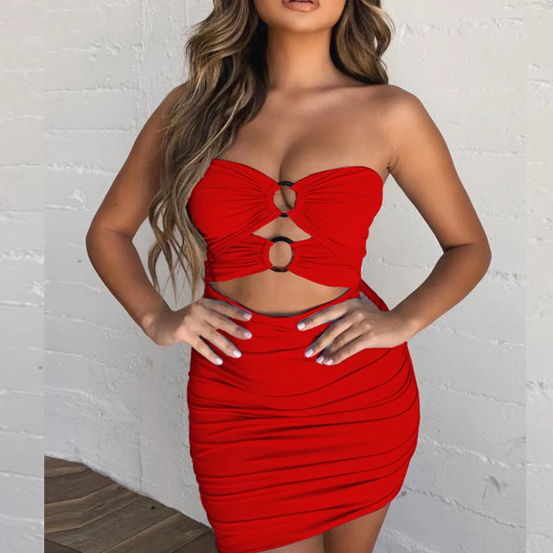 

Summer Dress 2021 Women Strapless Hollow Out Ruched Bodycon Sexy Club Party Dresses Hip Slim Sleeveless Vestidos De Fiesta