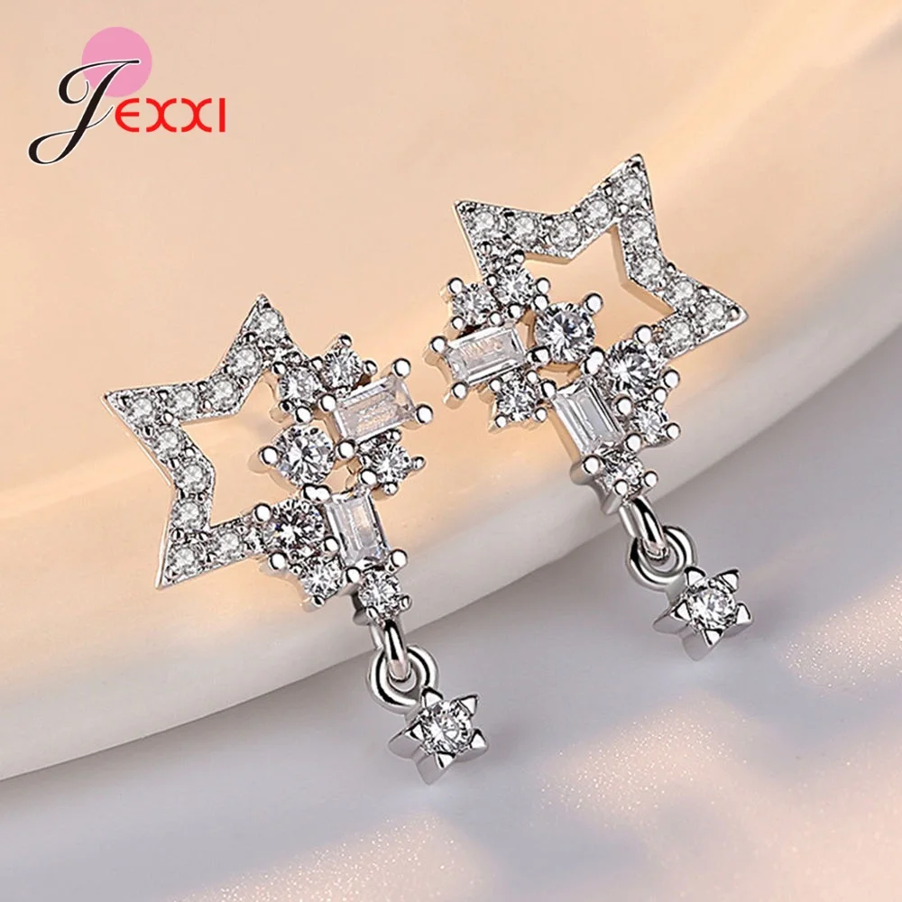 925 Sterling Silver Statement Earrings Cubic Zirconia Stone Inlay Paved Setting Star Hanging Dangle Modern Ear Brincos Jewelry | Украшения