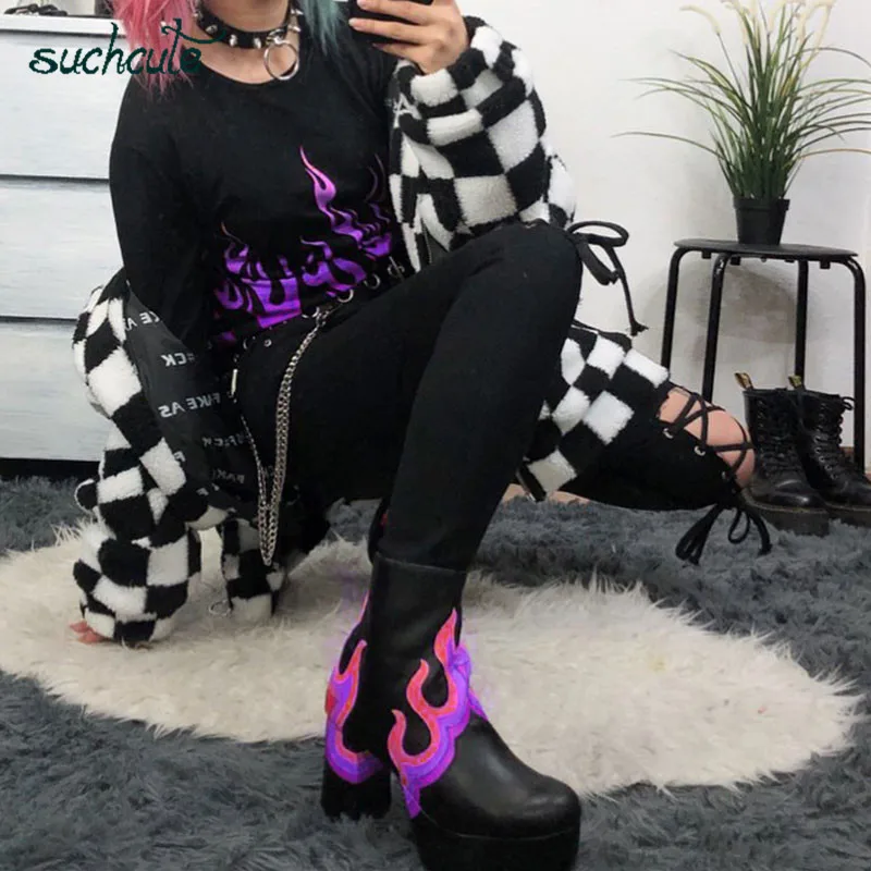 SUCHCUTE Black Femlae Футболка с принтом пламени Готическая длинная рубашка Modis Повседневная Harajuku Осень корейский стиль Женские топы