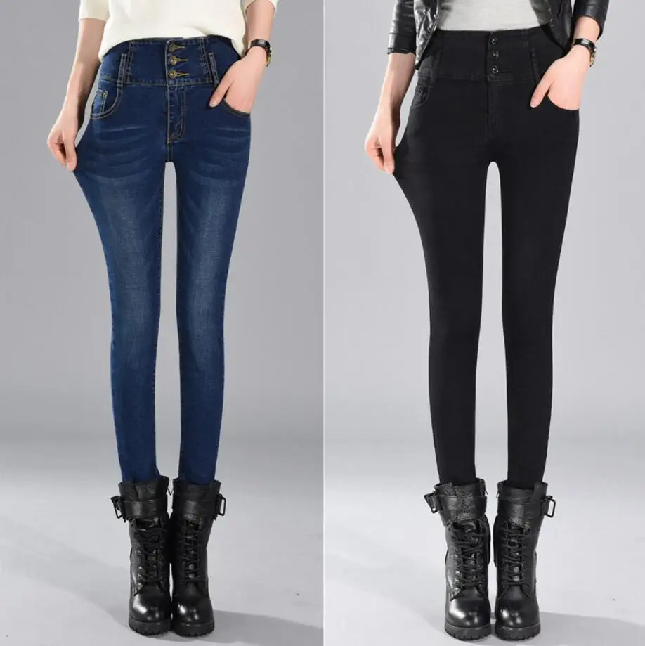 Женские эластичные джинсы утепленные вельветовые с высокой талией узкие на