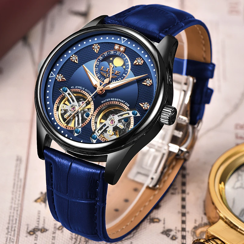 Новый бренд LIGE мужские часы автоматические механические Tourbillon кожаные