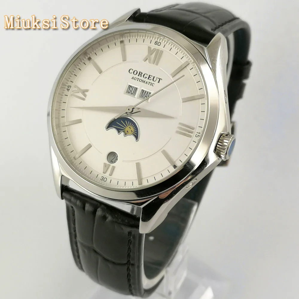 Corgeut Роскошные мужские часы 41 мм серебристый чехол белый циферблат кожаный