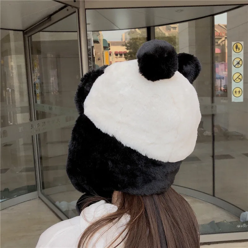 Plush panda ear protector Lei Feng cap warm autumn and winter sweet cycling cute adorable bear ears cold-proof | Аксессуары для