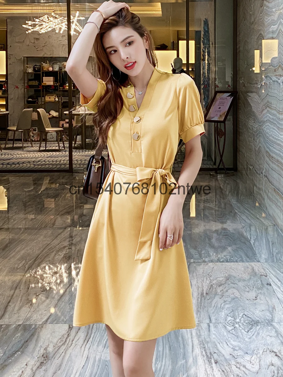 

Vinegar yoghurt yellow dress women's 2021 summer new bubble short sleeve skirt loose white medium long skirt fashion 2108