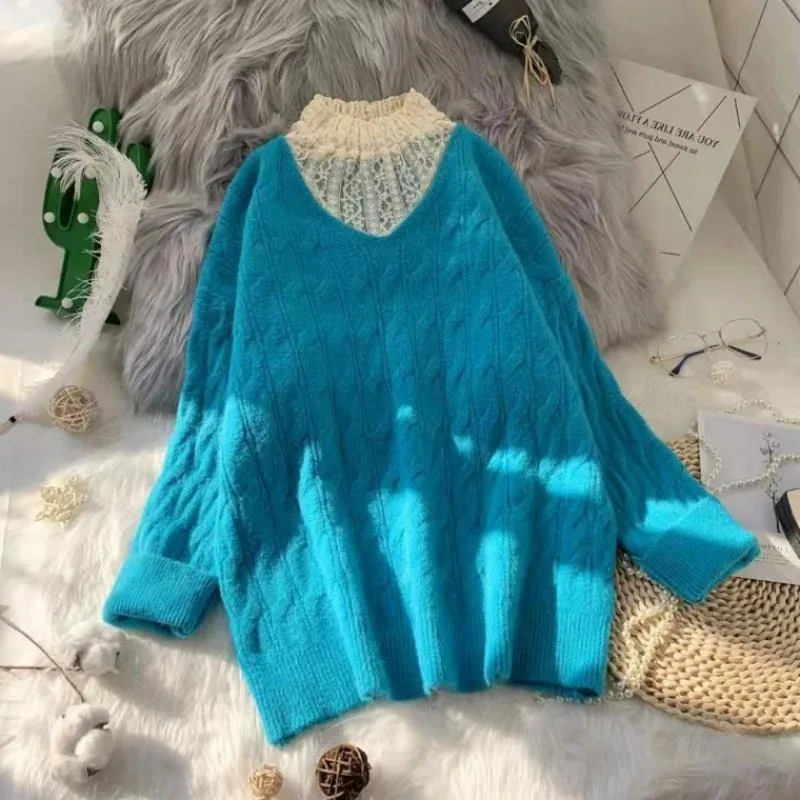 

Женский вязаный пуловер с кружевом, свободный джемпер в Корейском стиле, вязаный пуловер в стиле пэчворк, Осень-зима 2021