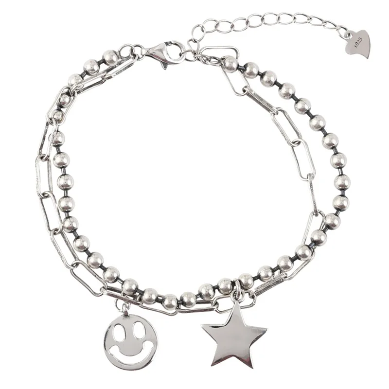 

Korean Smiley Star Pentagram Vintage Handmade Chain Thai Silver Color Bracelet For Women Girls Double-Layed Jewelry