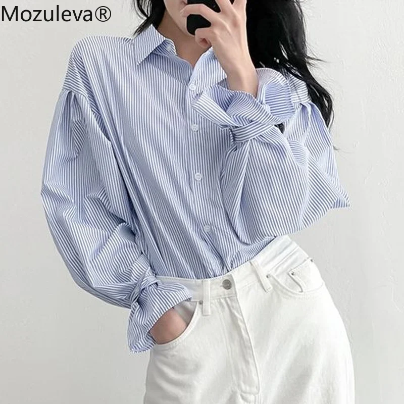 

Mozuleva 2022 Spring Korean Chic Full Sleeve Silm Cuff Lace-up Stripe Shirt Women Loose Casual Blouse Turn-down Collar Blusas