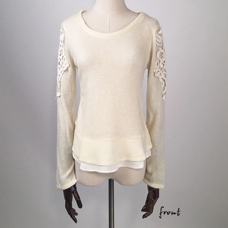 2019 зимний женский кружевной лоскутный свитер пуловер с длинным рукавом