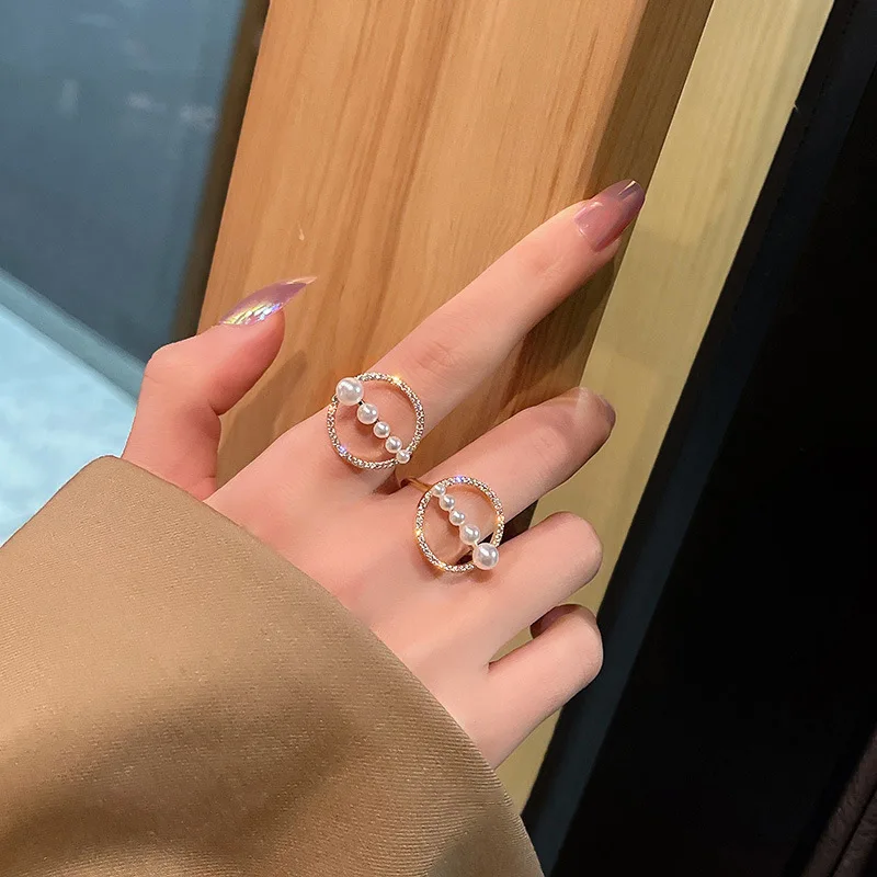 

Korean simple personality geometric diamond-studded pearl open ring female temperament exquisite jewelry