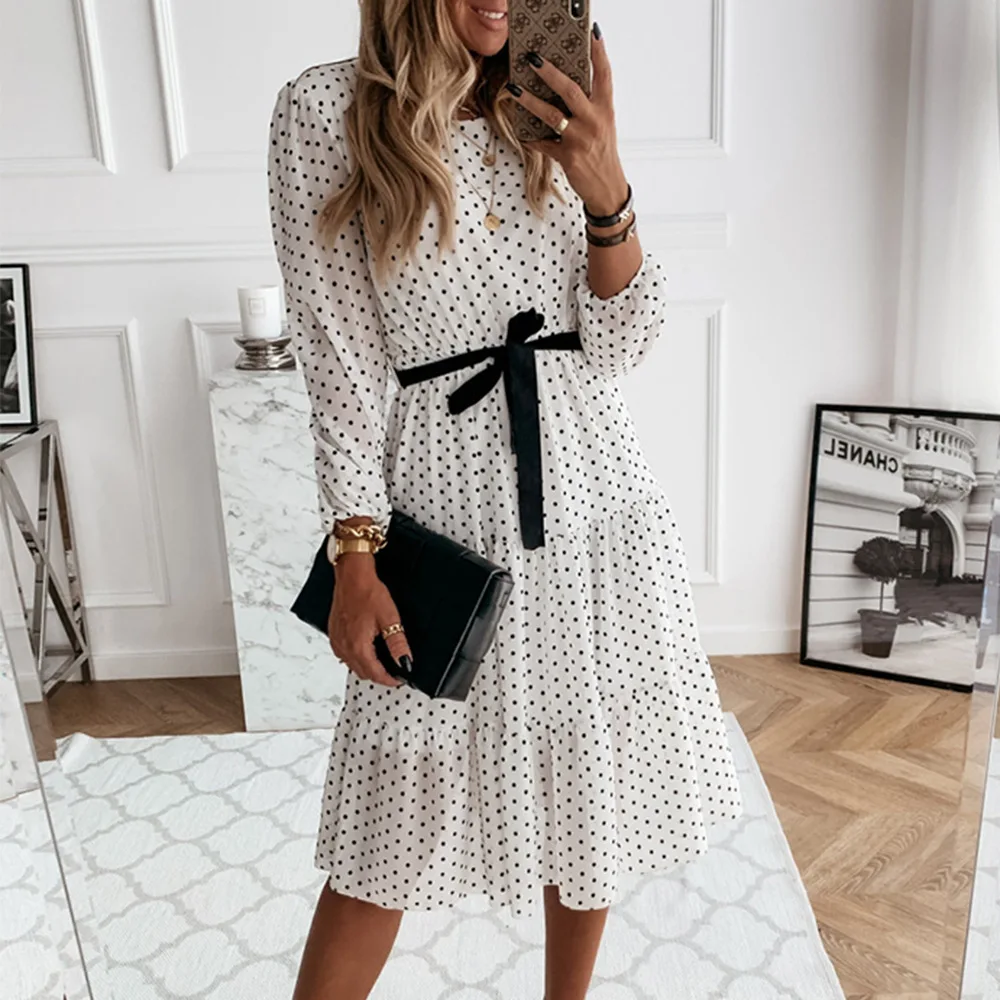 

Chiffon Dress Vintage Simple Sweet O-neck White Polka Dot Party Women Long Sleeve Casual Daily Dresses Bohemian Boho Vestidos