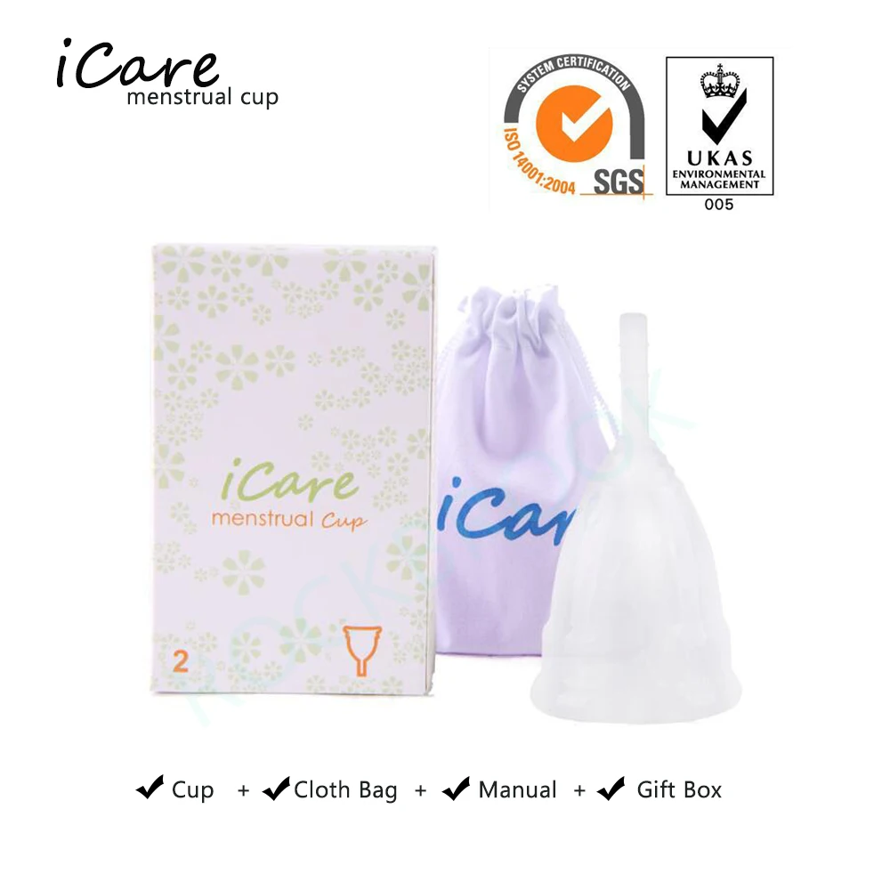 ICare Горячая Распродажа, медицинская силиконовая менструальная чашка для женщин, женская гигиеническая менструальная многоразовая Женская менструальная чашка - Цвет: Clear cup with box