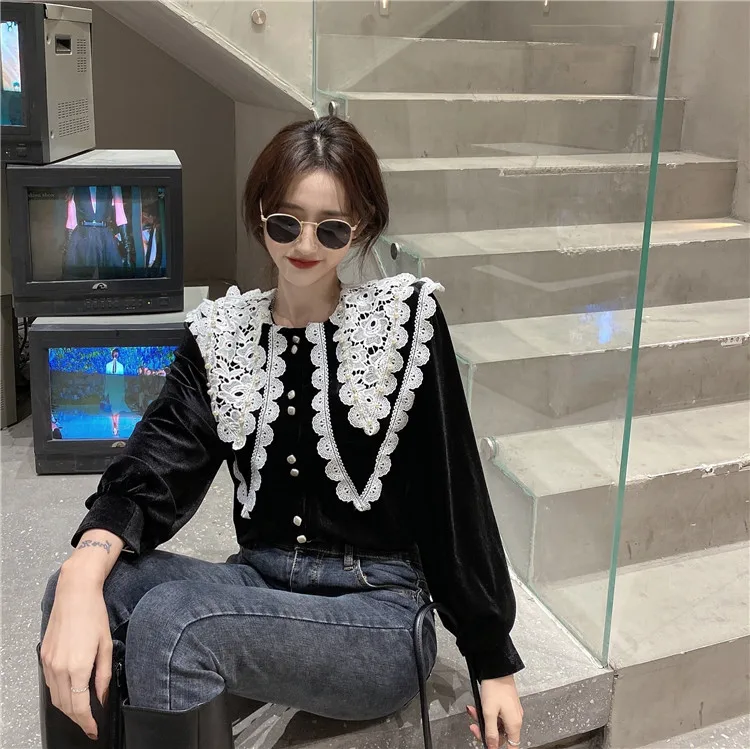 

Lace Peter Pan Collar Black Velvet Shirts Loose Women's Clothing Vintage Long Sleeve Fashion Brand Spring Autumn Tops Ladies