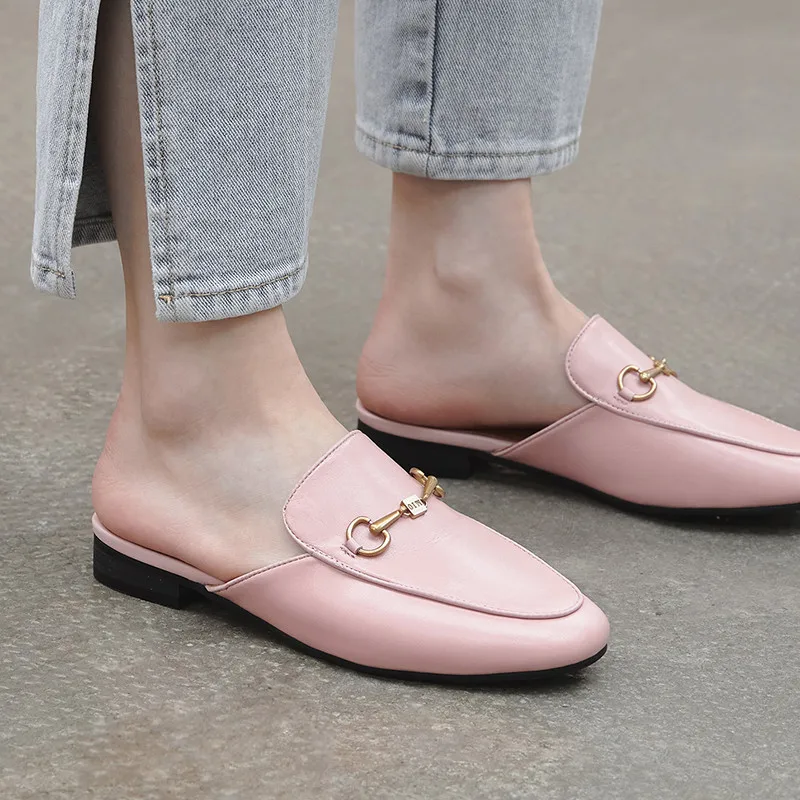 Top quality full genuine leather shoes women slipper Metal decoration fashion brand mules casual flat ladies | Обувь