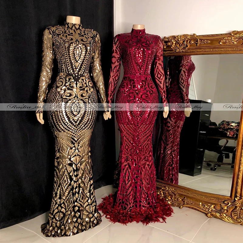 Черное и Золотое платье с блестками Русалочки длинным рукавом для выпускного