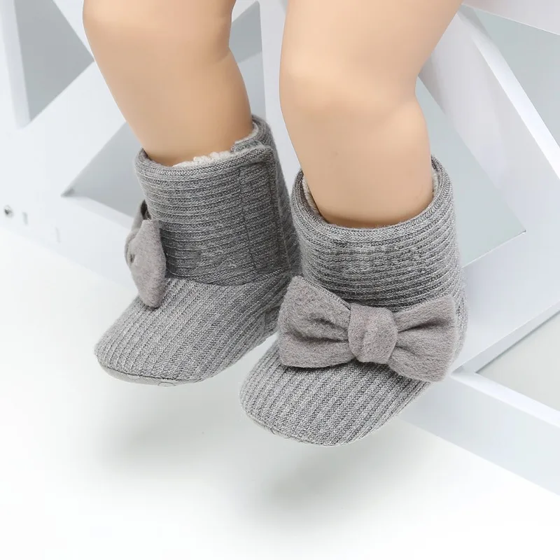 

Newborn Baby Shoes Winter Warm Knitting Snow Boots Girl First Walkers Newborn Cute Bow Non-slip Soft Soled Walking Shoe
