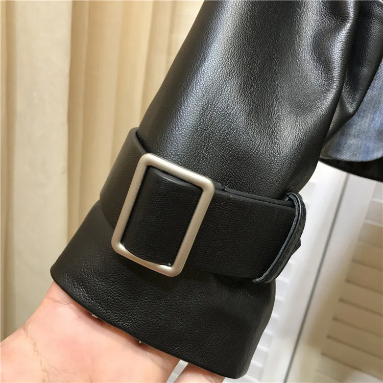 Europe Style Women Autumn Denim color patchwork leather jackets High quality pockets Genuine leather women coat C504