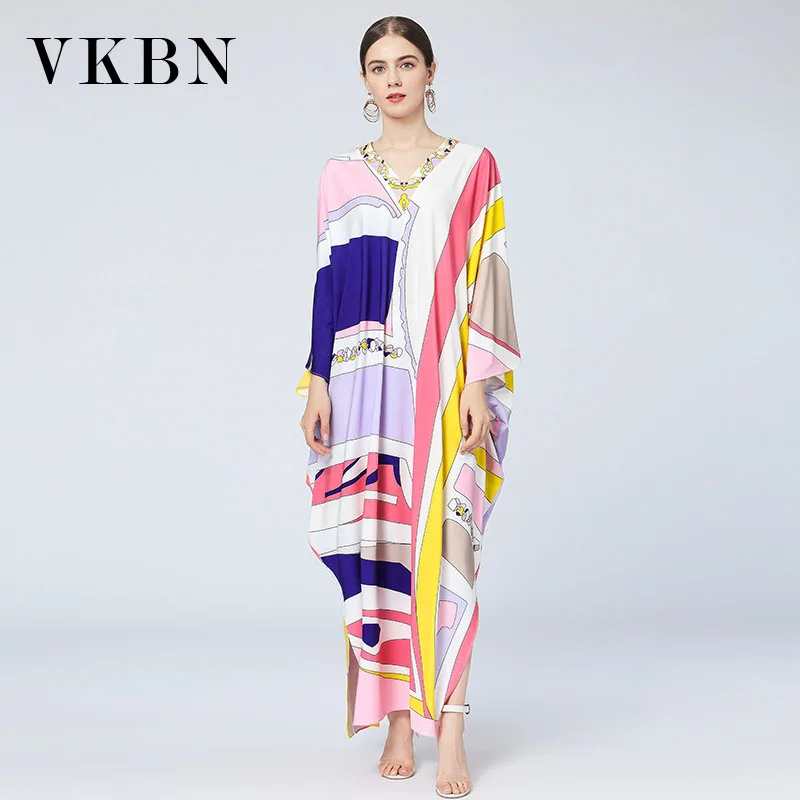 VKBN Silk Women Dress Up Sleeveless V-Neck Casual Plus Size Female Dress New Loose Party Dresses Women Batwing Sleeve