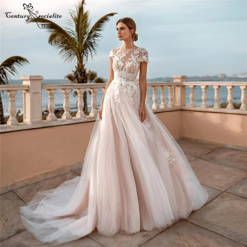 

Boho Wedding Dresses 2021 Bridal Gowns Beach Lace Appliques O-Neck Backless Bohemian Bride Dress Plus Size Vestido De Noiva