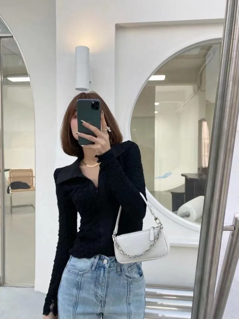 

Women's jacket spring 2021 new pleated bee waist thin white polo shirt female design sense long sleeves