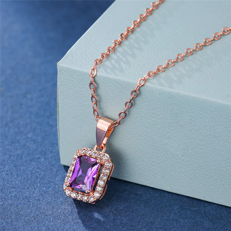 

Luxury Female Crystal Purple Green Zircon Stone Necklace Cute Wedding Necklace Rose Gold Square Pendants Necklaces For Women