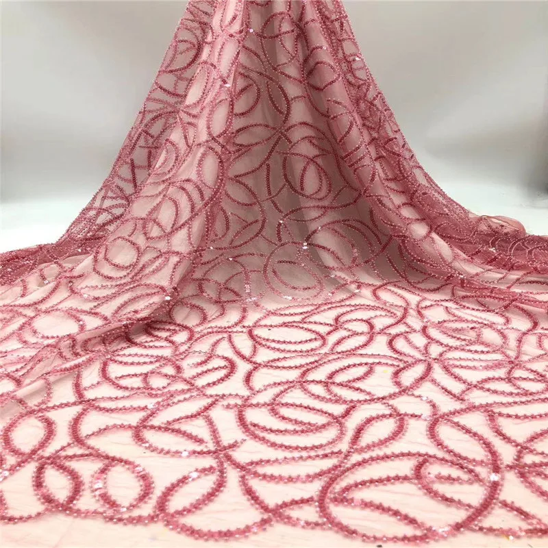 

Madison French Lace Fabric Fancy Embroidery Fabric Handmade Beaded Net Elegant Peach Nigerian Lace with Pearl Beaded